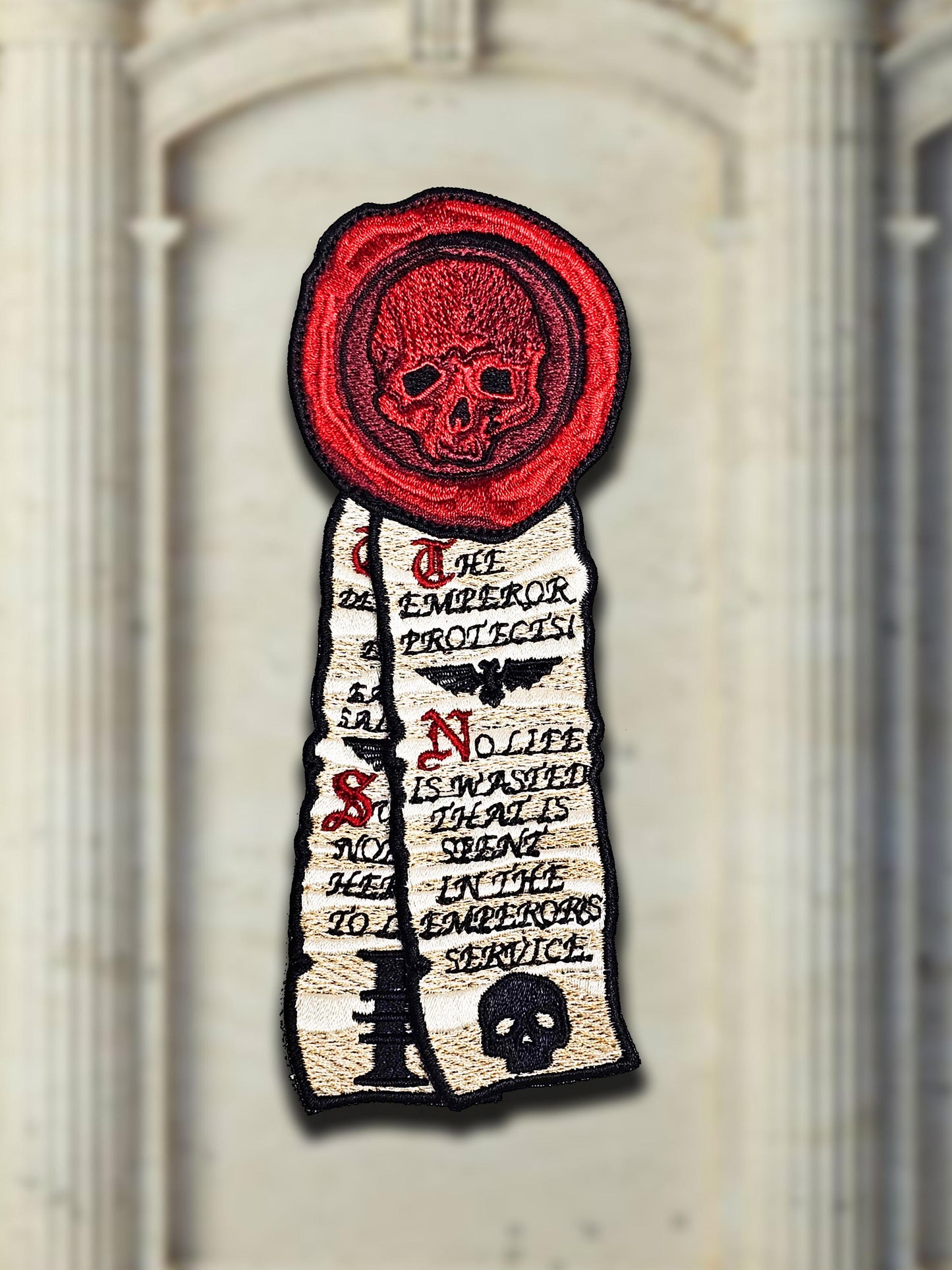Grim Dark Purity Seal Wax & Scroll Embroidered Patch Warhammer 40k Inspired
